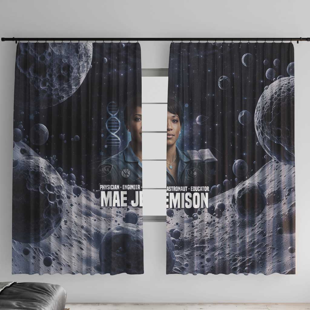 Mae Jemison Window Curtain with Space Portrait Design, Science Has No Boundaries Quote and DNA Book Elements - Wonder Print Shop