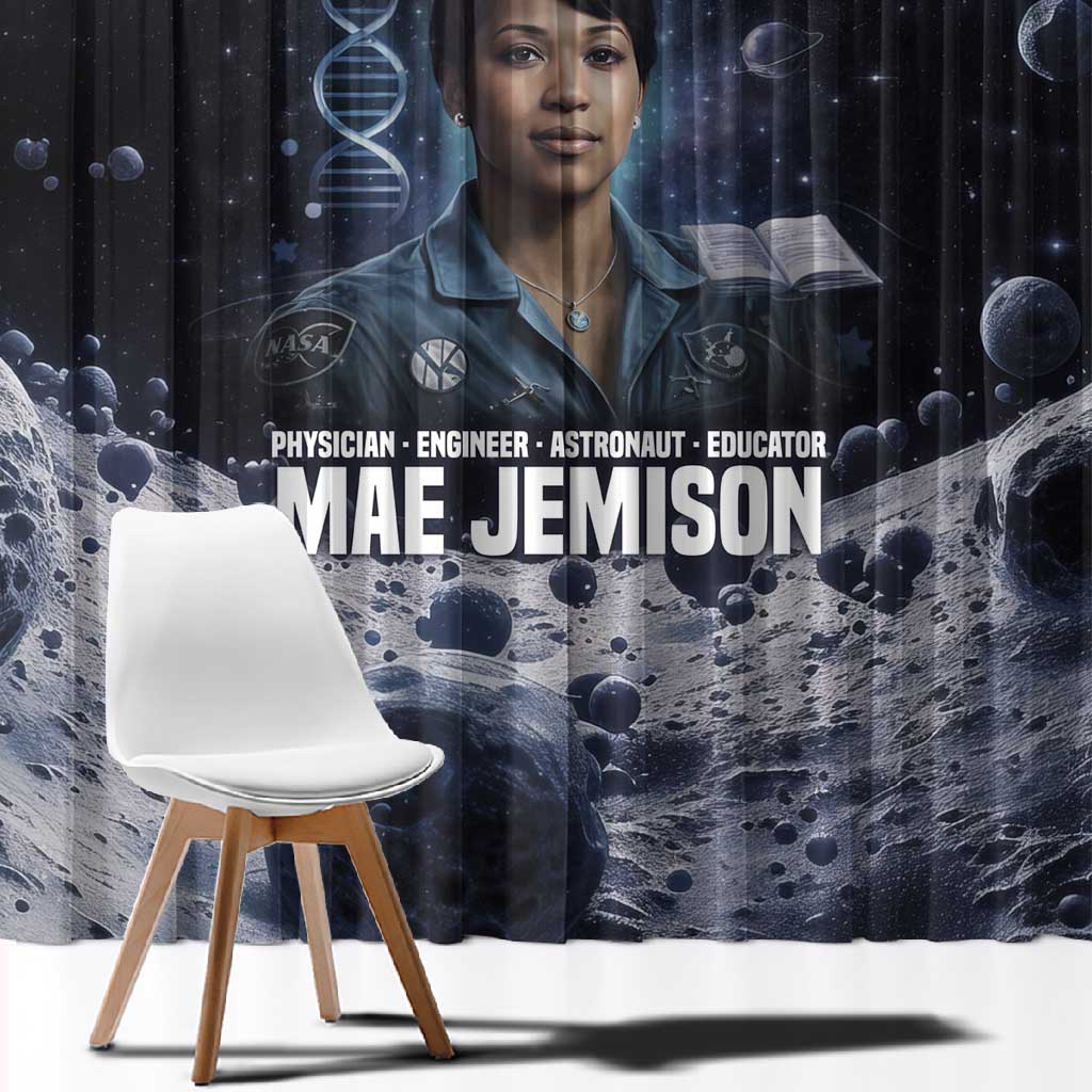 Mae Jemison Window Curtain with Space Portrait Design, Science Has No Boundaries Quote and DNA Book Elements - Wonder Print Shop