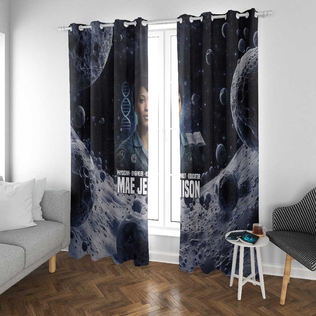 Mae Jemison Window Curtain with Space Portrait Design, Science Has No Boundaries Quote and DNA Book Elements - Wonder Print Shop