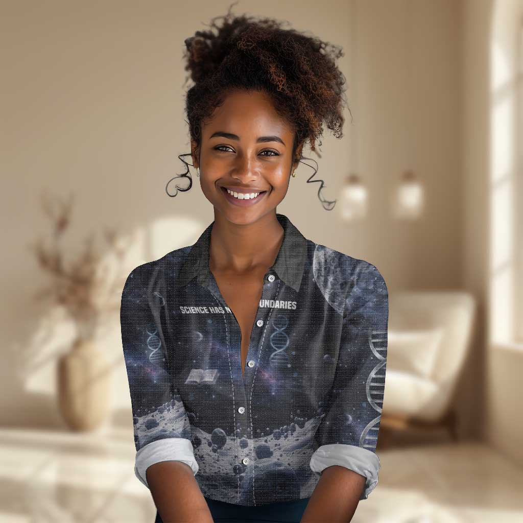 Mae Jemison Women Casual Shirt with Space Portrait Design, Science Has No Boundaries Quote and DNA Book Elements - Wonder Print Shop
