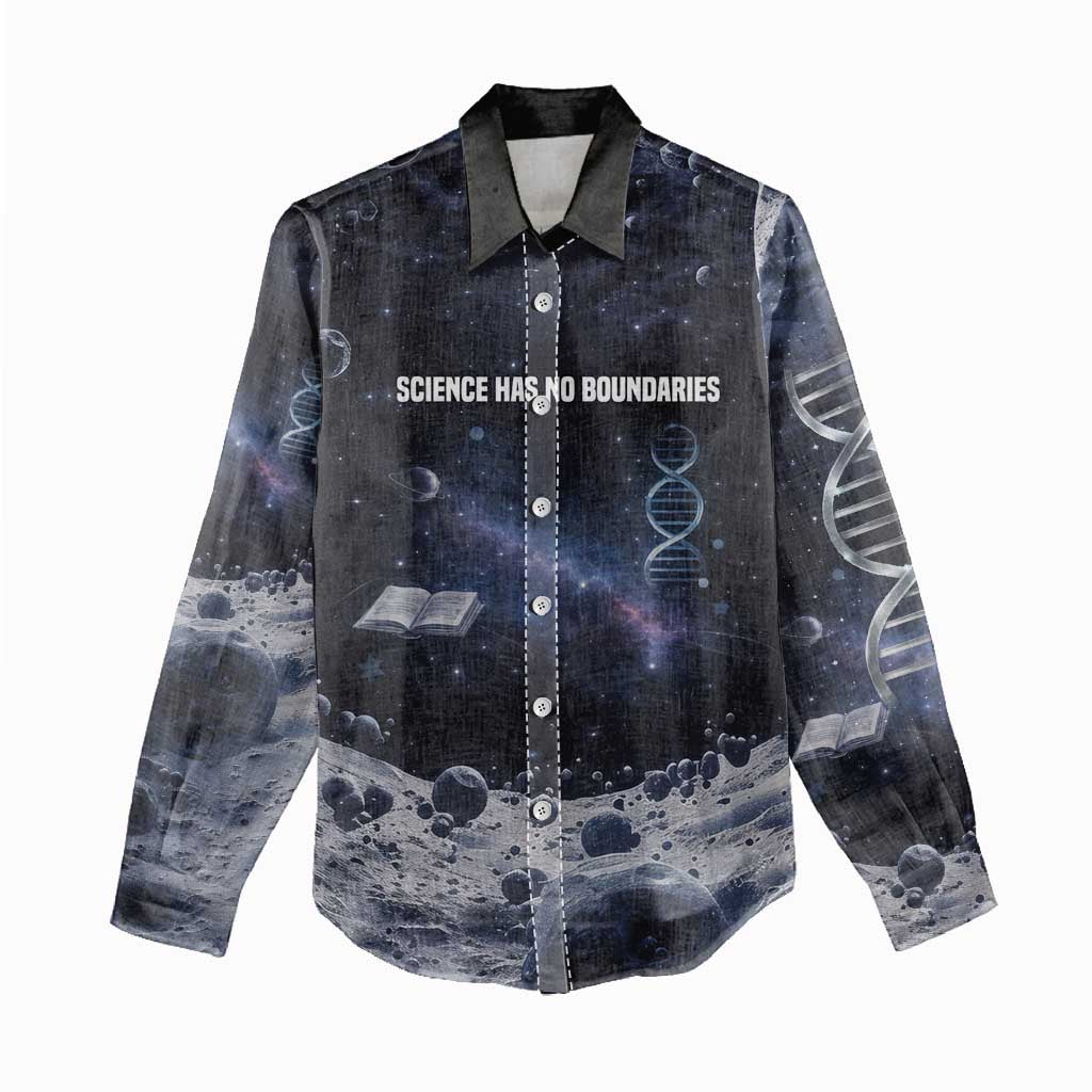 Mae Jemison Women Casual Shirt with Space Portrait Design, Science Has No Boundaries Quote and DNA Book Elements - Wonder Print Shop