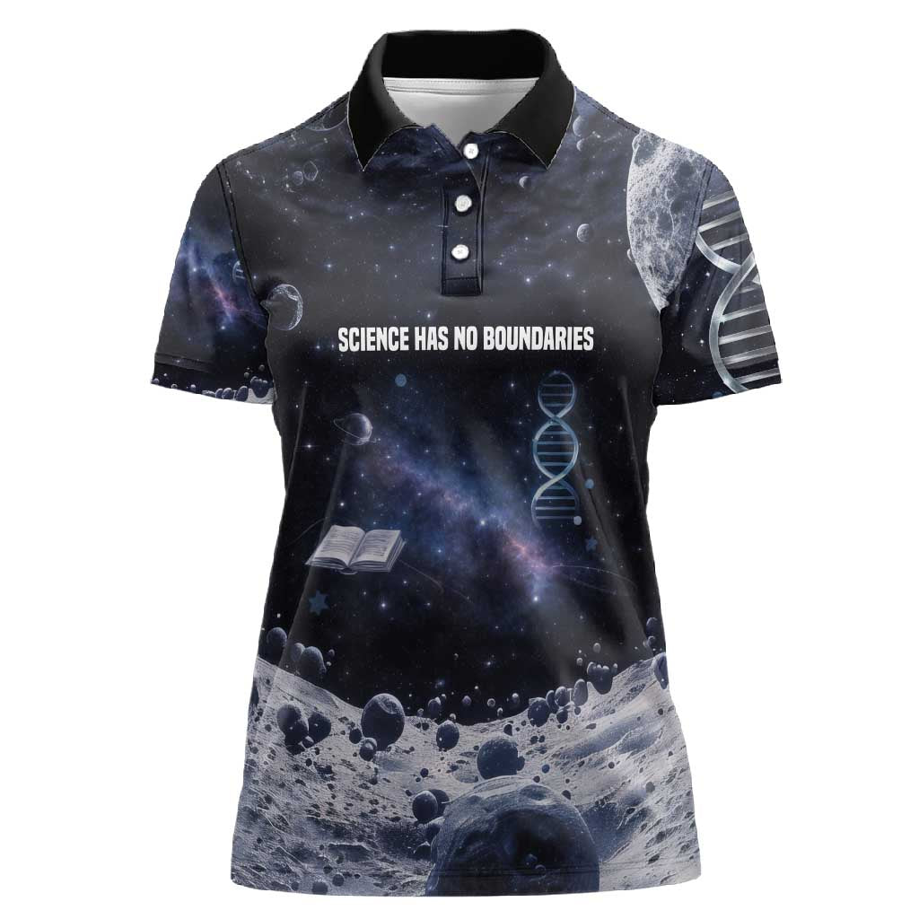 Mae Jemison Women Polo Shirt with Space Portrait Design, Science Has No Boundaries Quote and DNA Book Elements - Wonder Print Shop
