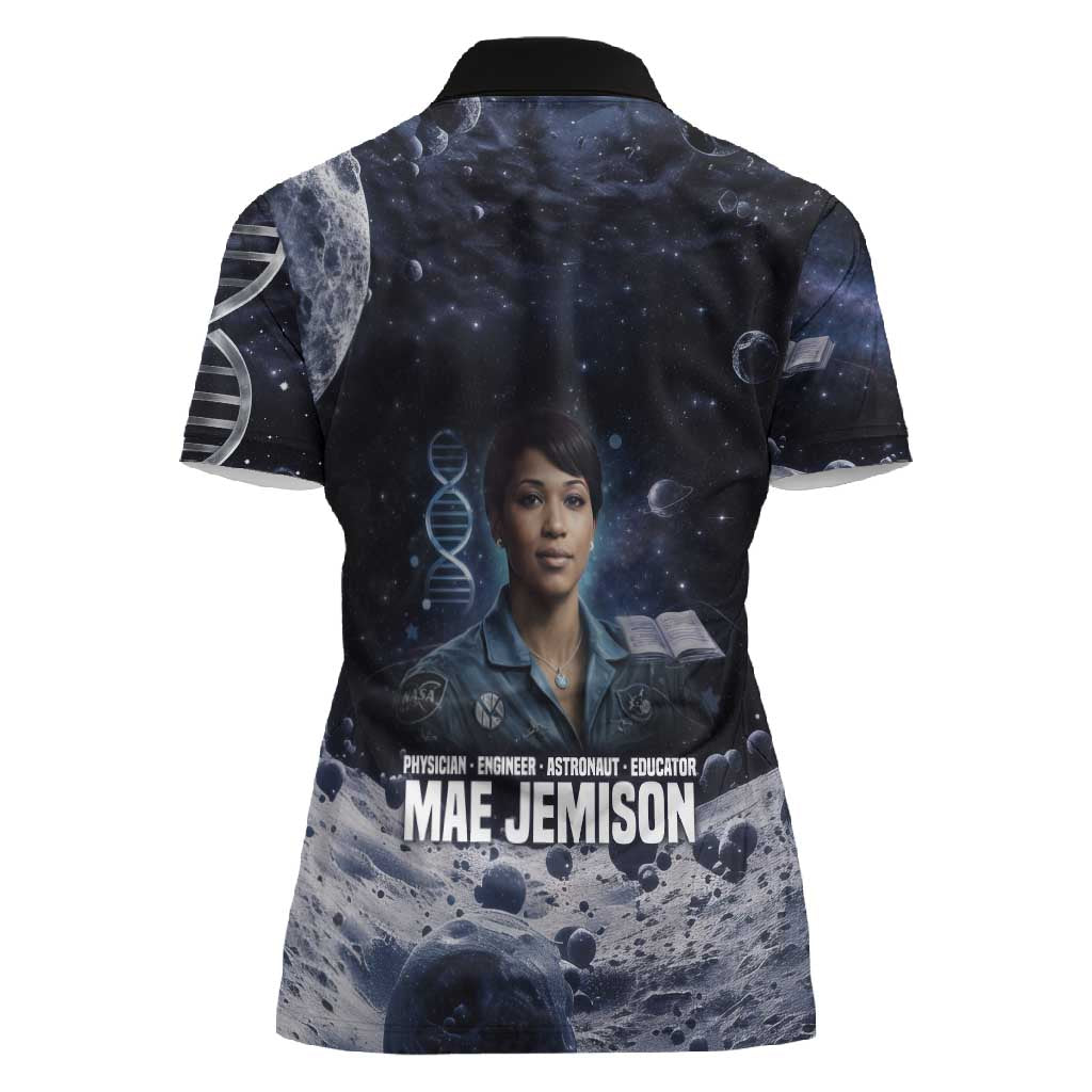 Mae Jemison Women Polo Shirt with Space Portrait Design, Science Has No Boundaries Quote and DNA Book Elements - Wonder Print Shop