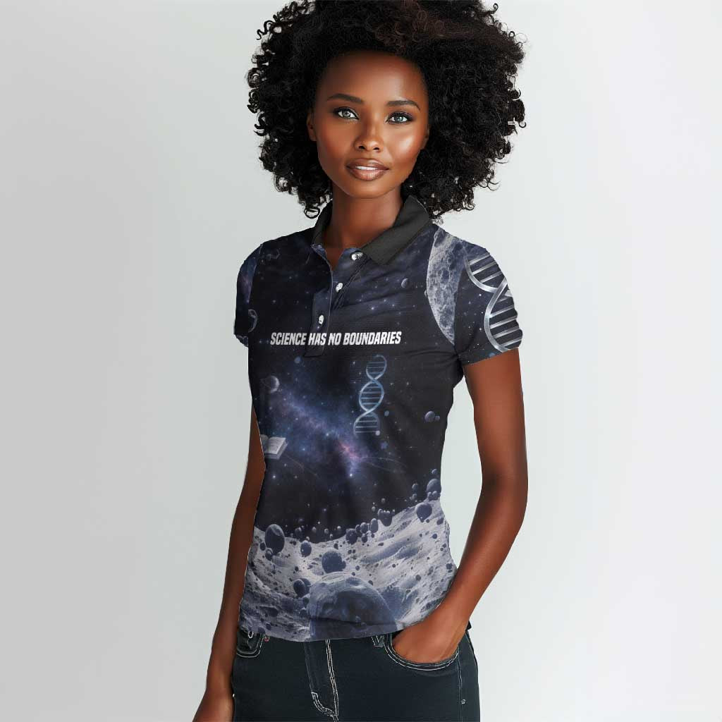 Mae Jemison Women Polo Shirt with Space Portrait Design, Science Has No Boundaries Quote and DNA Book Elements - Wonder Print Shop