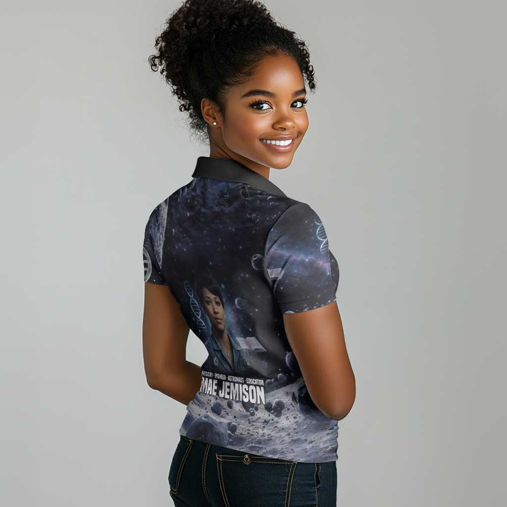 Mae Jemison Women Polo Shirt with Space Portrait Design, Science Has No Boundaries Quote and DNA Book Elements - Wonder Print Shop