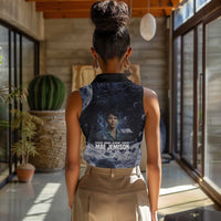 Mae Jemison Women Sleeveless Polo Shirt with Space Portrait Design, Science Has No Boundaries Quote and DNA Book Elements - Wonder Print Shop