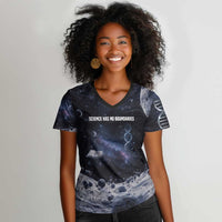 Mae Jemison Women V-Neck T-Shirt with Space Portrait Design, Science Has No Boundaries Quote and DNA Book Elements - Wonder Print Shop