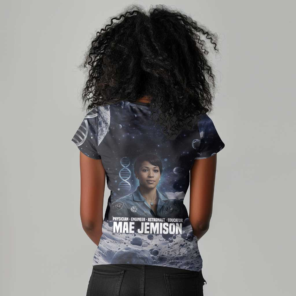 Mae Jemison Women V-Neck T-Shirt with Space Portrait Design, Science Has No Boundaries Quote and DNA Book Elements - Wonder Print Shop
