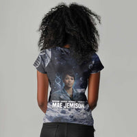 Mae Jemison Women V-Neck T-Shirt with Space Portrait Design, Science Has No Boundaries Quote and DNA Book Elements - Wonder Print Shop
