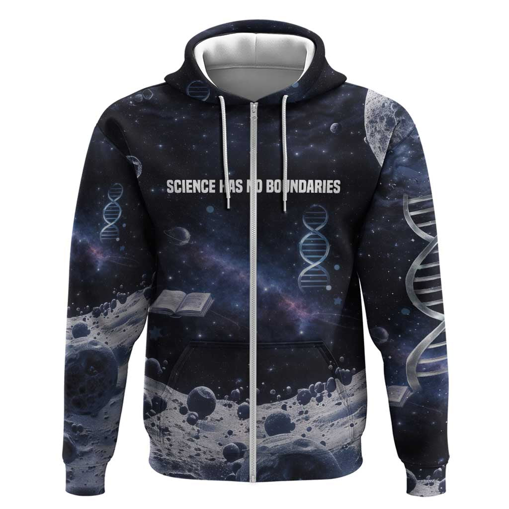 Mae Jemison Zip Hoodie with Space Portrait Design, Science Has No Boundaries Quote and DNA Book Elements - Wonder Print Shop
