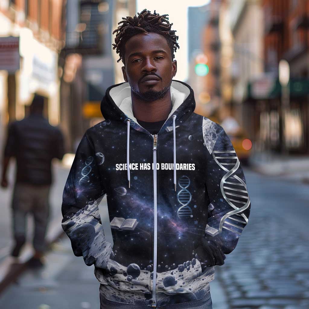 Mae Jemison Zip Hoodie with Space Portrait Design, Science Has No Boundaries Quote and DNA Book Elements - Wonder Print Shop