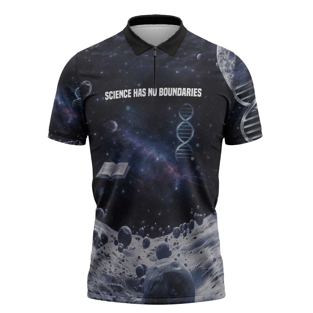 Mae Jemison Zipper Polo Shirt with Space Portrait Design, Science Has No Boundaries Quote and DNA Book Elements - Wonder Print Shop