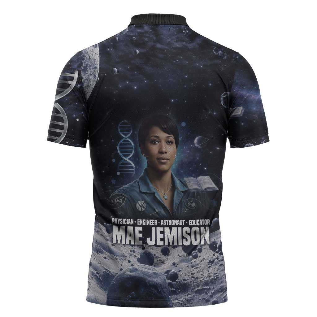 Mae Jemison Zipper Polo Shirt with Space Portrait Design, Science Has No Boundaries Quote and DNA Book Elements - Wonder Print Shop