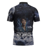 Mae Jemison Zipper Polo Shirt with Space Portrait Design, Science Has No Boundaries Quote and DNA Book Elements - Wonder Print Shop