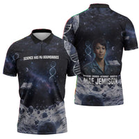 Mae Jemison Zipper Polo Shirt with Space Portrait Design, Science Has No Boundaries Quote and DNA Book Elements - Wonder Print Shop