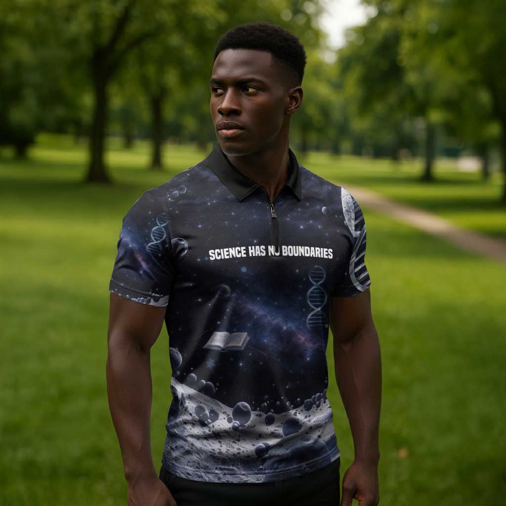Mae Jemison Zipper Polo Shirt with Space Portrait Design, Science Has No Boundaries Quote and DNA Book Elements - Wonder Print Shop