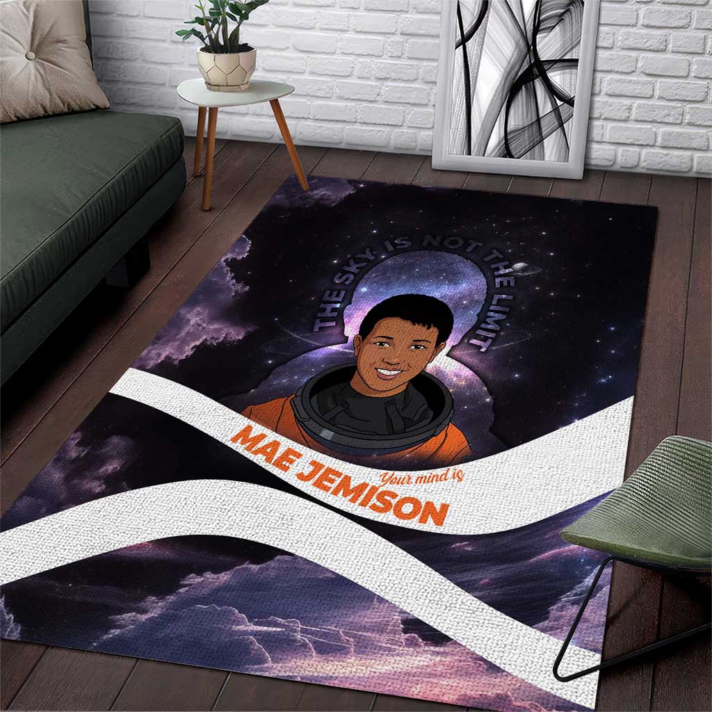 Mae Jemison Area Rug Cartoon Astronaut Portrait, The Sky Is Not the Limit Quote and Galaxy Dreamer - Wonder Print Shop