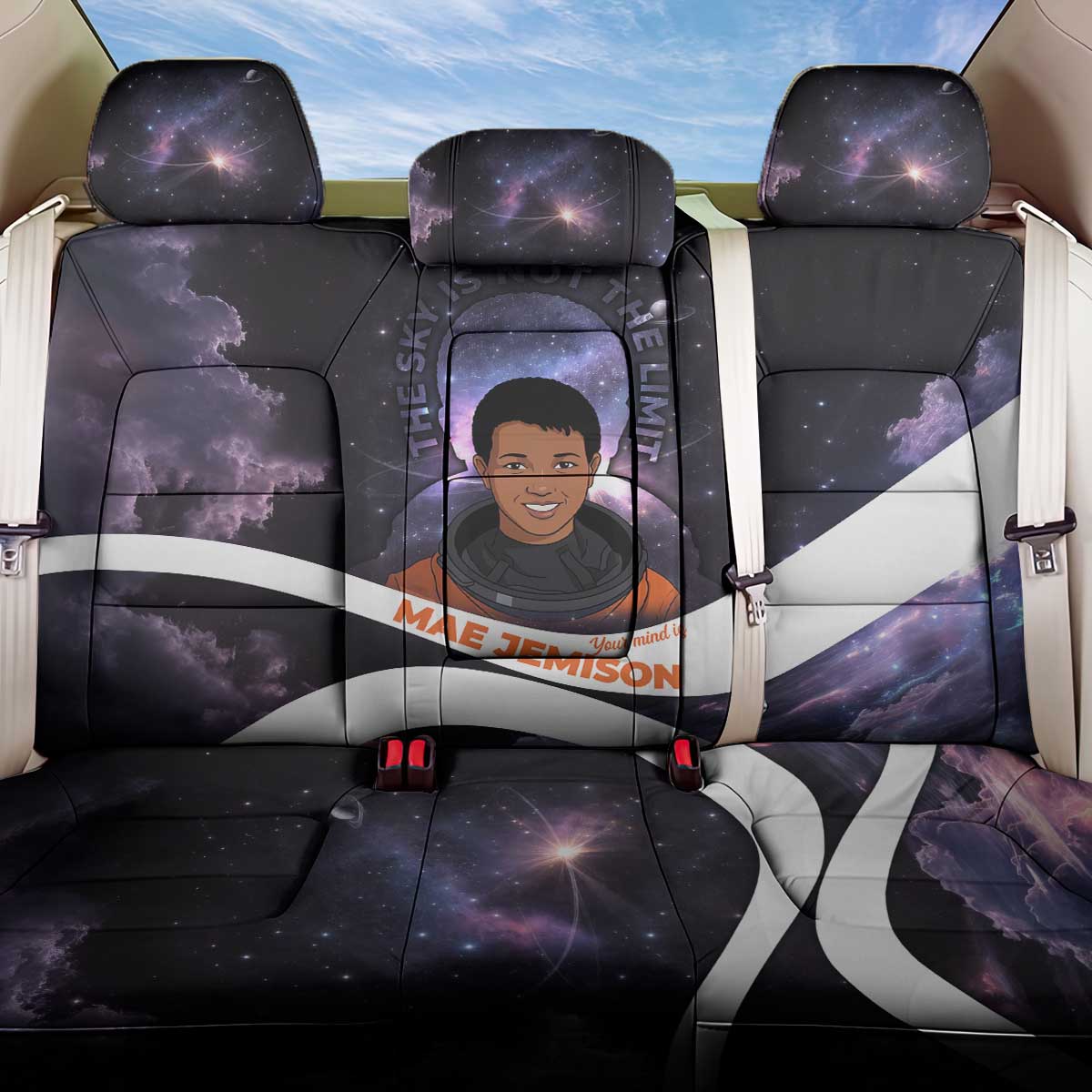 Mae Jemison Back Car Seat Cover Cartoon Astronaut Portrait, The Sky Is Not the Limit Quote and Galaxy Dreamer - Wonder Print Shop