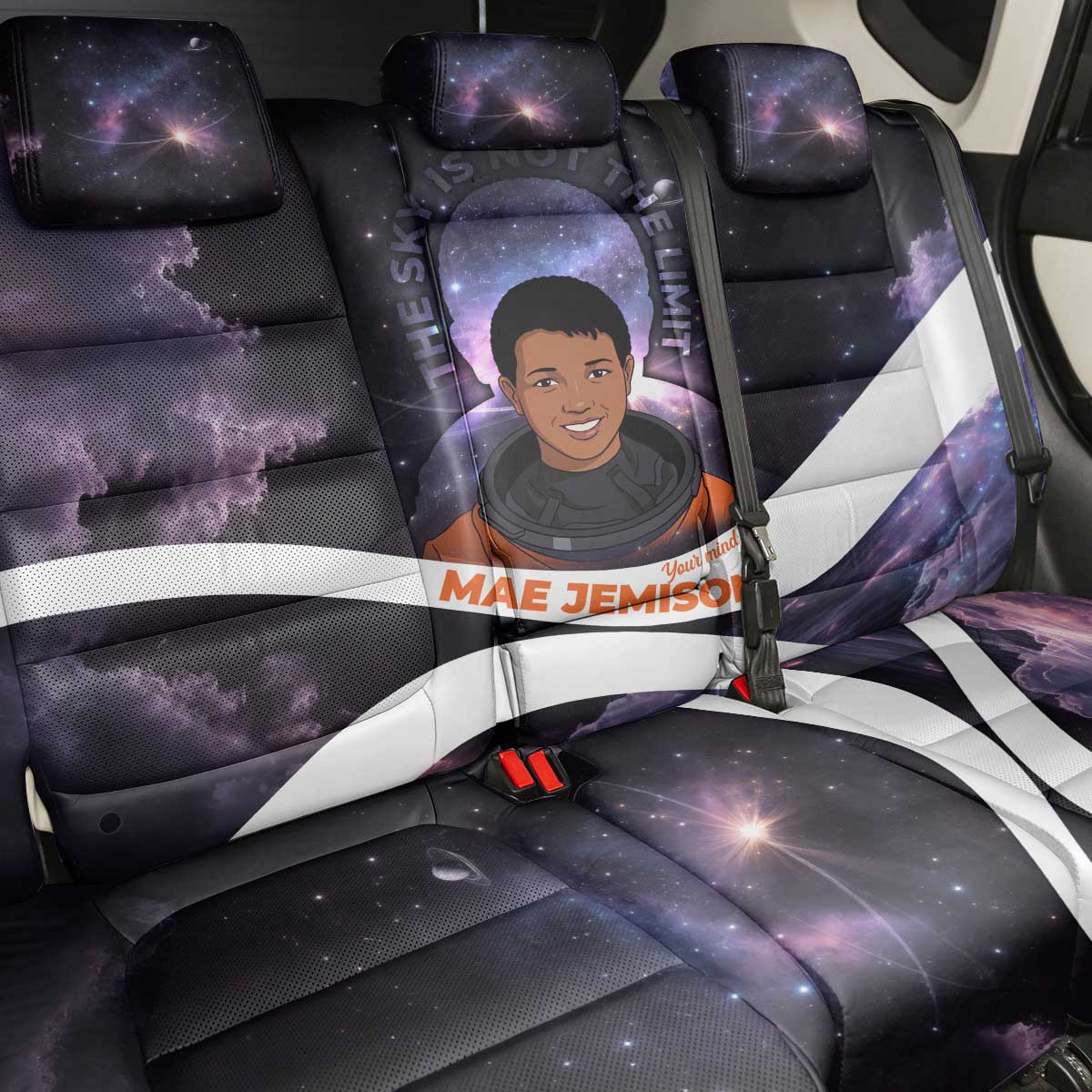 Mae Jemison Back Car Seat Cover Cartoon Astronaut Portrait, The Sky Is Not the Limit Quote and Galaxy Dreamer - Wonder Print Shop
