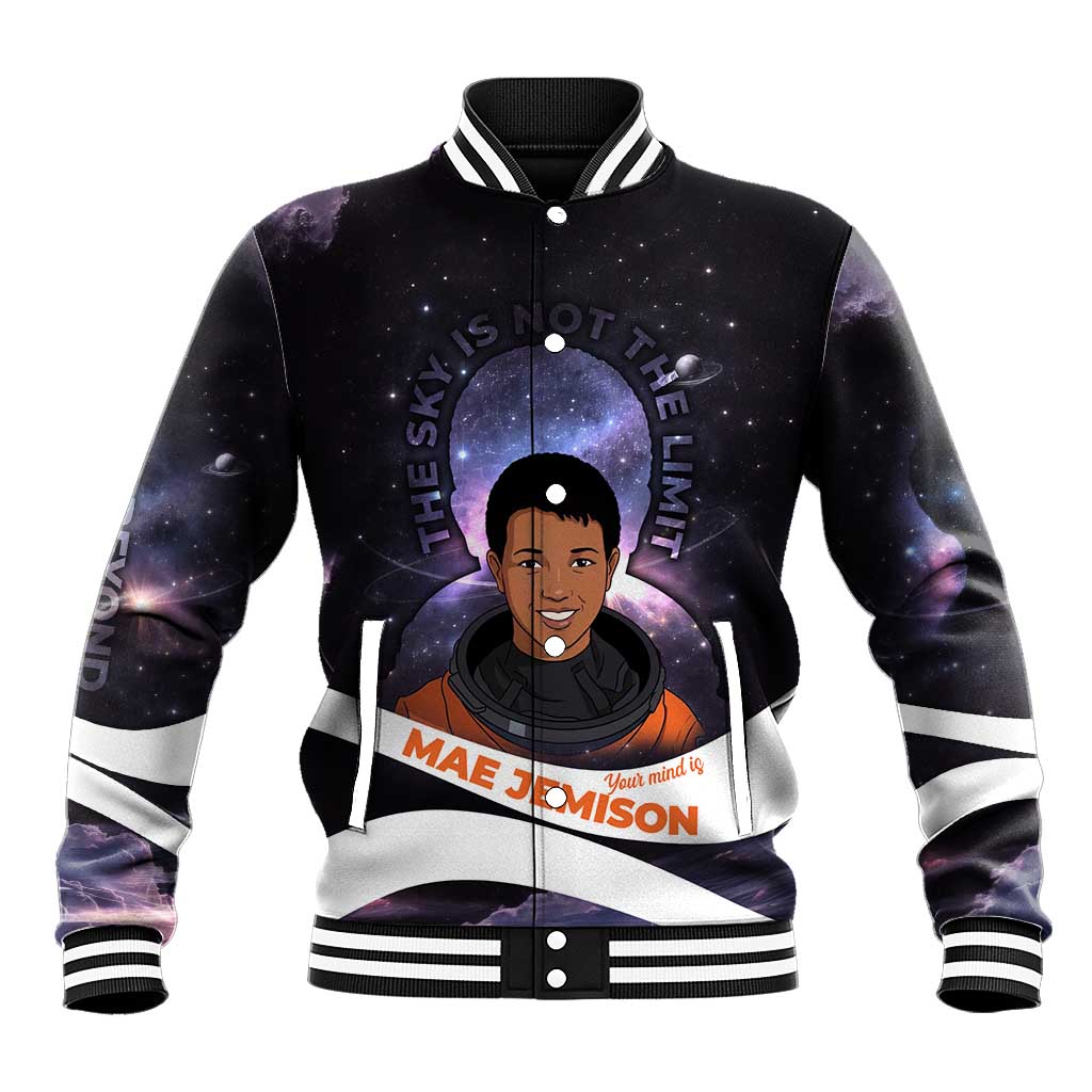 Mae Jemison Baseball Jacket Cartoon Astronaut Portrait, The Sky Is Not the Limit Quote and Galaxy Dreamer - Wonder Print Shop