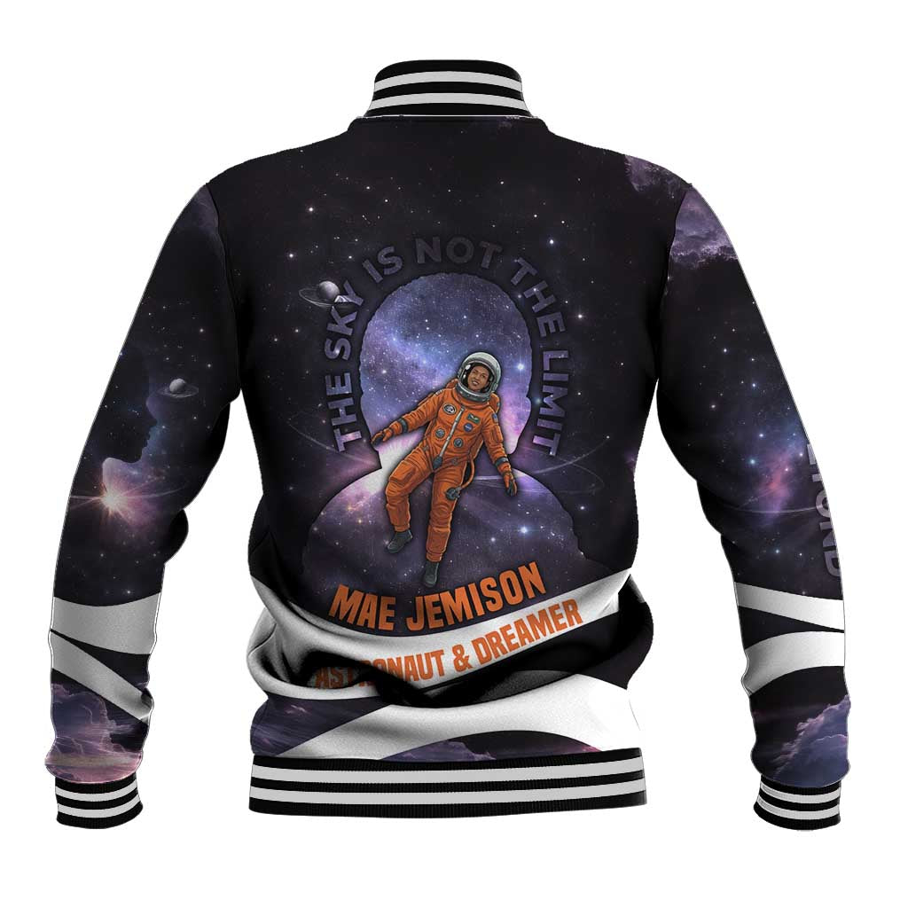 Mae Jemison Baseball Jacket Cartoon Astronaut Portrait, The Sky Is Not the Limit Quote and Galaxy Dreamer - Wonder Print Shop