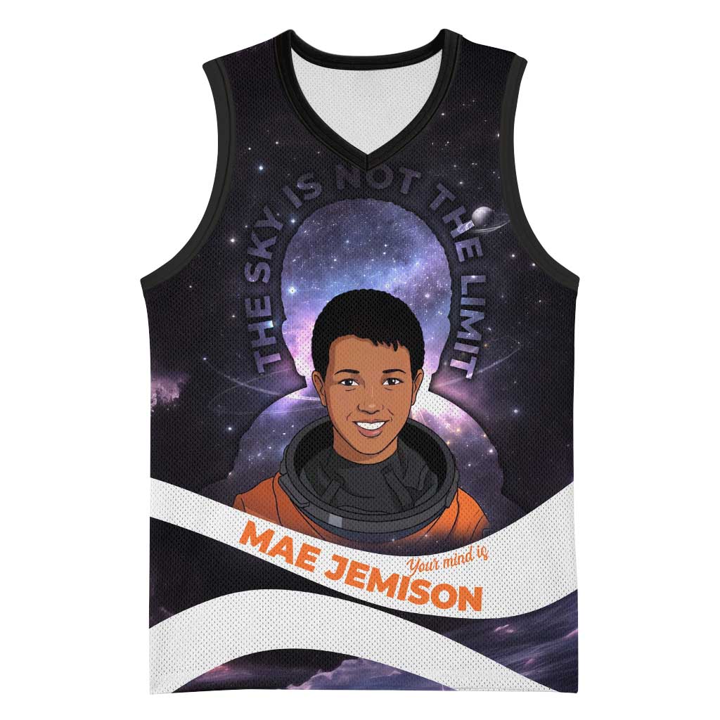 Mae Jemison Basketball Jersey Cartoon Astronaut Portrait, The Sky Is Not the Limit Quote and Galaxy Dreamer - Wonder Print Shop
