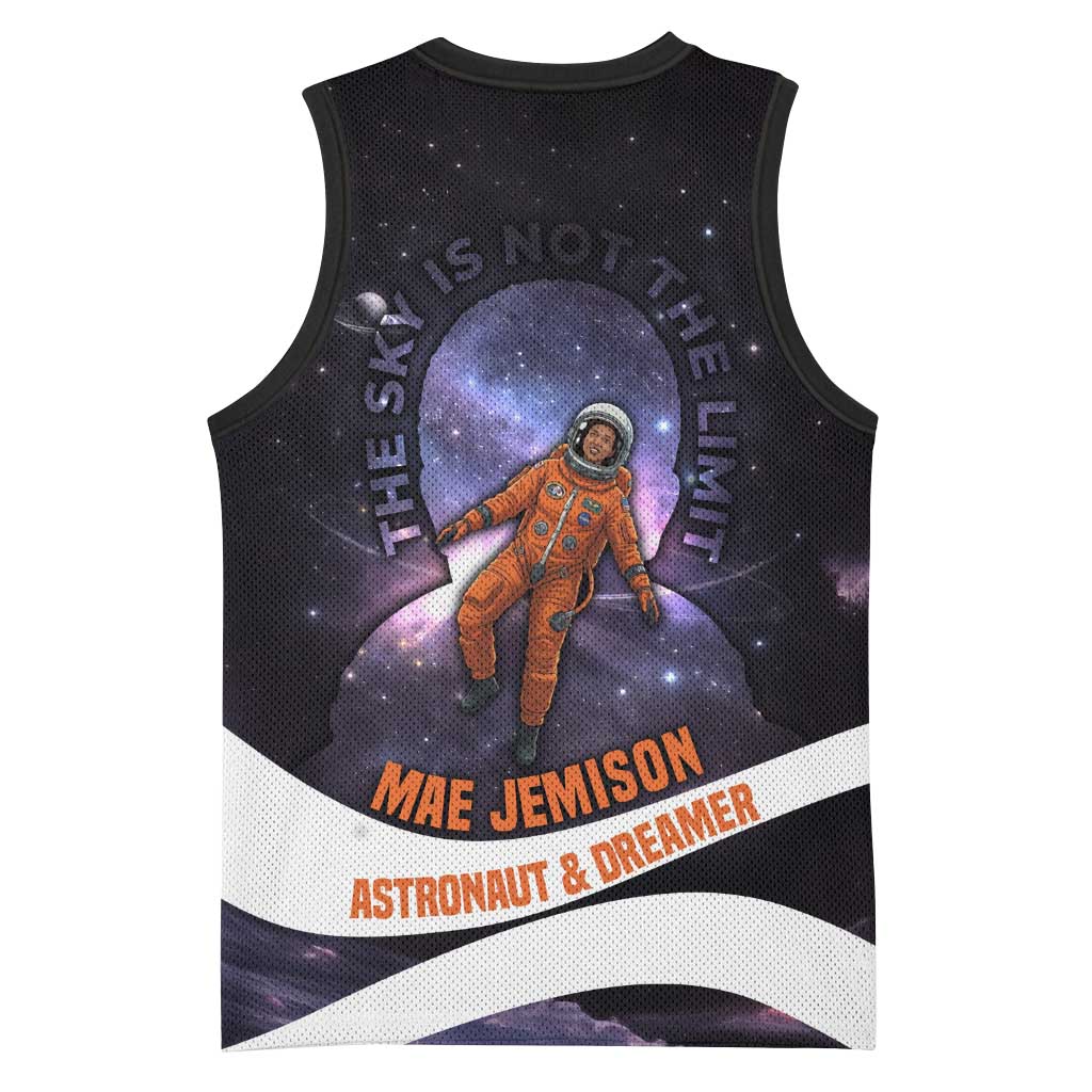 Mae Jemison Basketball Jersey Cartoon Astronaut Portrait, The Sky Is Not the Limit Quote and Galaxy Dreamer - Wonder Print Shop