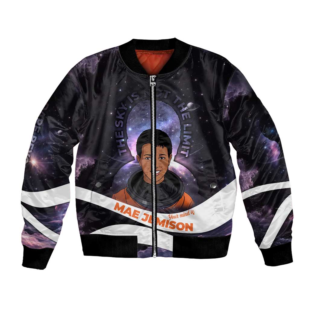 Mae Jemison Bomber Jacket Cartoon Astronaut Portrait, The Sky Is Not the Limit Quote and Galaxy Dreamer - Wonder Print Shop