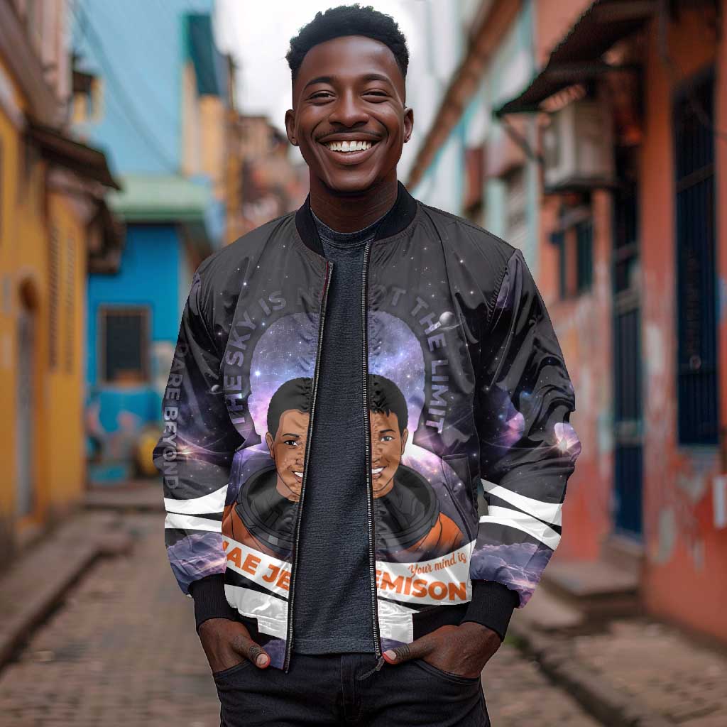 Mae Jemison Bomber Jacket Cartoon Astronaut Portrait, The Sky Is Not the Limit Quote and Galaxy Dreamer - Wonder Print Shop