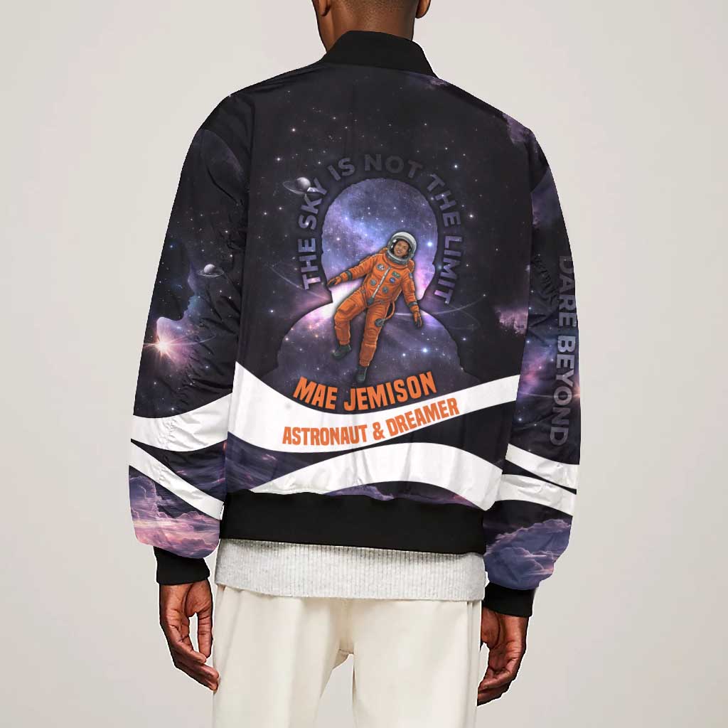 Mae Jemison Bomber Jacket Cartoon Astronaut Portrait, The Sky Is Not the Limit Quote and Galaxy Dreamer - Wonder Print Shop