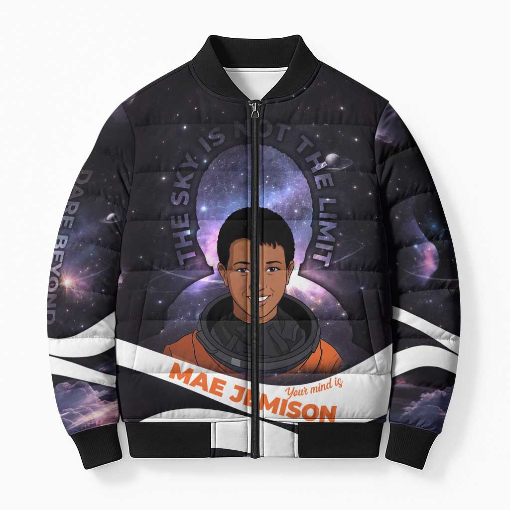 Mae Jemison Bomber Puffer Jacket Cartoon Astronaut Portrait, The Sky Is Not the Limit Quote and Galaxy Dreamer - Wonder Print Shop
