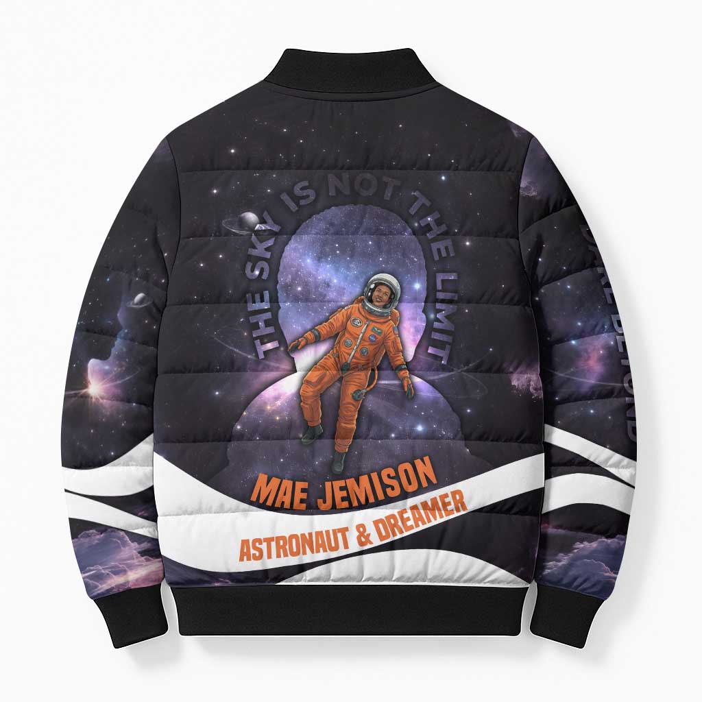 Mae Jemison Bomber Puffer Jacket Cartoon Astronaut Portrait, The Sky Is Not the Limit Quote and Galaxy Dreamer - Wonder Print Shop