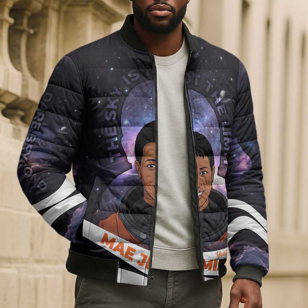 Mae Jemison Bomber Puffer Jacket Cartoon Astronaut Portrait, The Sky Is Not the Limit Quote and Galaxy Dreamer - Wonder Print Shop