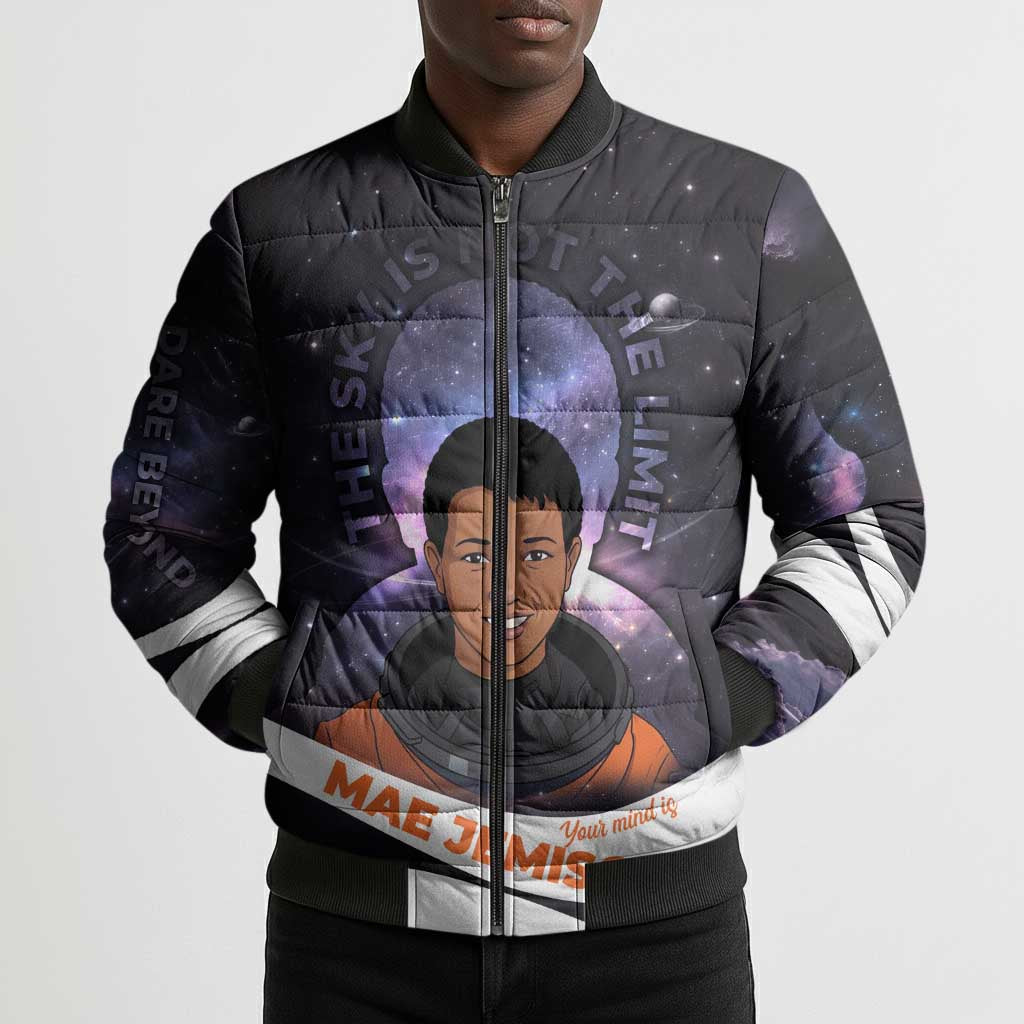 Mae Jemison Bomber Puffer Jacket Cartoon Astronaut Portrait, The Sky Is Not the Limit Quote and Galaxy Dreamer - Wonder Print Shop