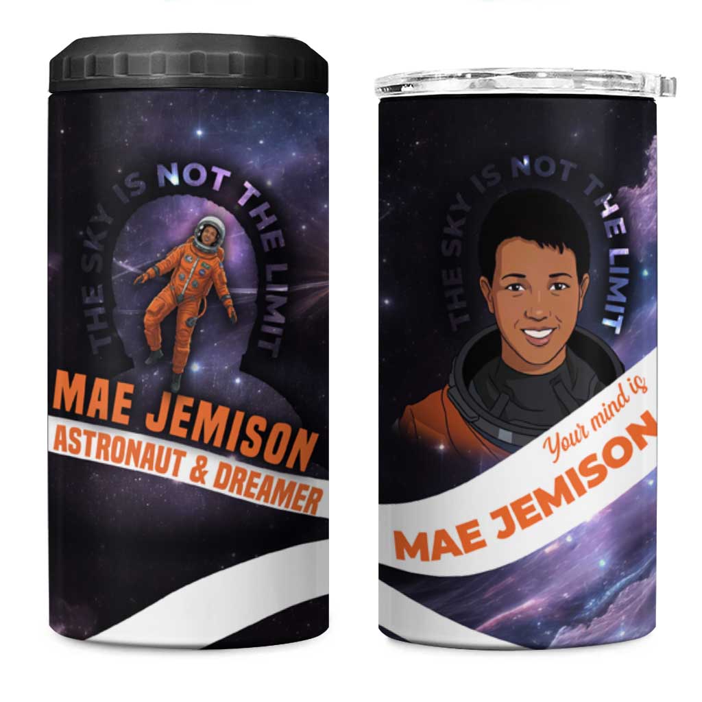 Mae Jemison 4 in 1 Can Cooler Tumbler Cartoon Astronaut Portrait, The Sky Is Not the Limit Quote and Galaxy Dreamer - Wonder Print Shop