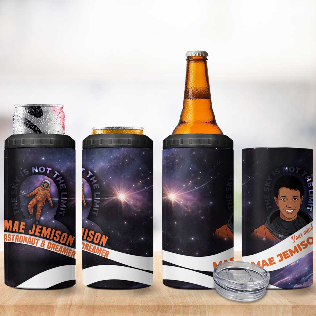 Mae Jemison 4 in 1 Can Cooler Tumbler Cartoon Astronaut Portrait, The Sky Is Not the Limit Quote and Galaxy Dreamer - Wonder Print Shop