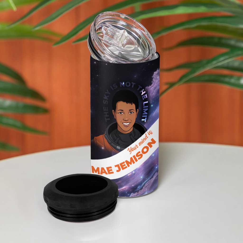 Mae Jemison 4 in 1 Can Cooler Tumbler Cartoon Astronaut Portrait, The Sky Is Not the Limit Quote and Galaxy Dreamer - Wonder Print Shop