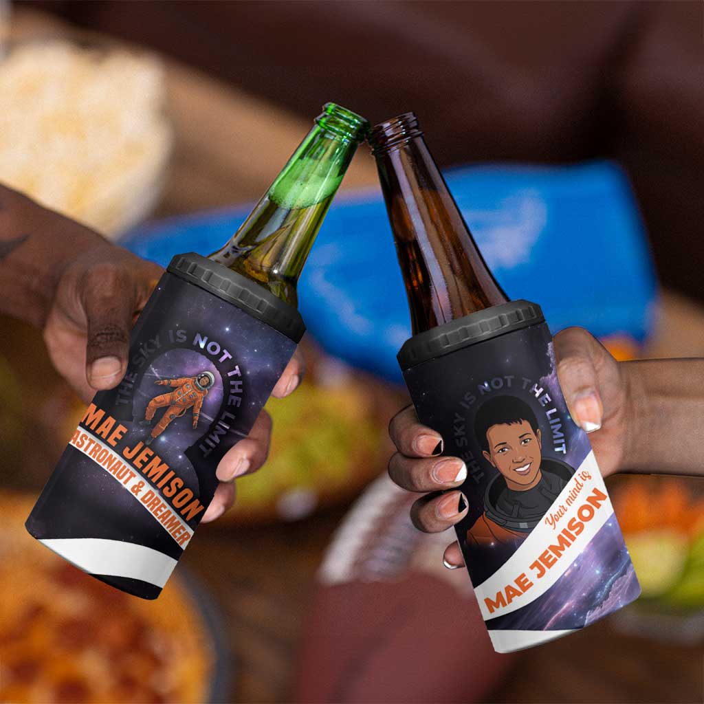 Mae Jemison 4 in 1 Can Cooler Tumbler Cartoon Astronaut Portrait, The Sky Is Not the Limit Quote and Galaxy Dreamer - Wonder Print Shop