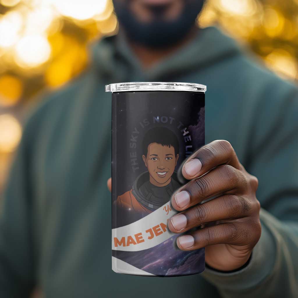 Mae Jemison 4 in 1 Can Cooler Tumbler Cartoon Astronaut Portrait, The Sky Is Not the Limit Quote and Galaxy Dreamer - Wonder Print Shop