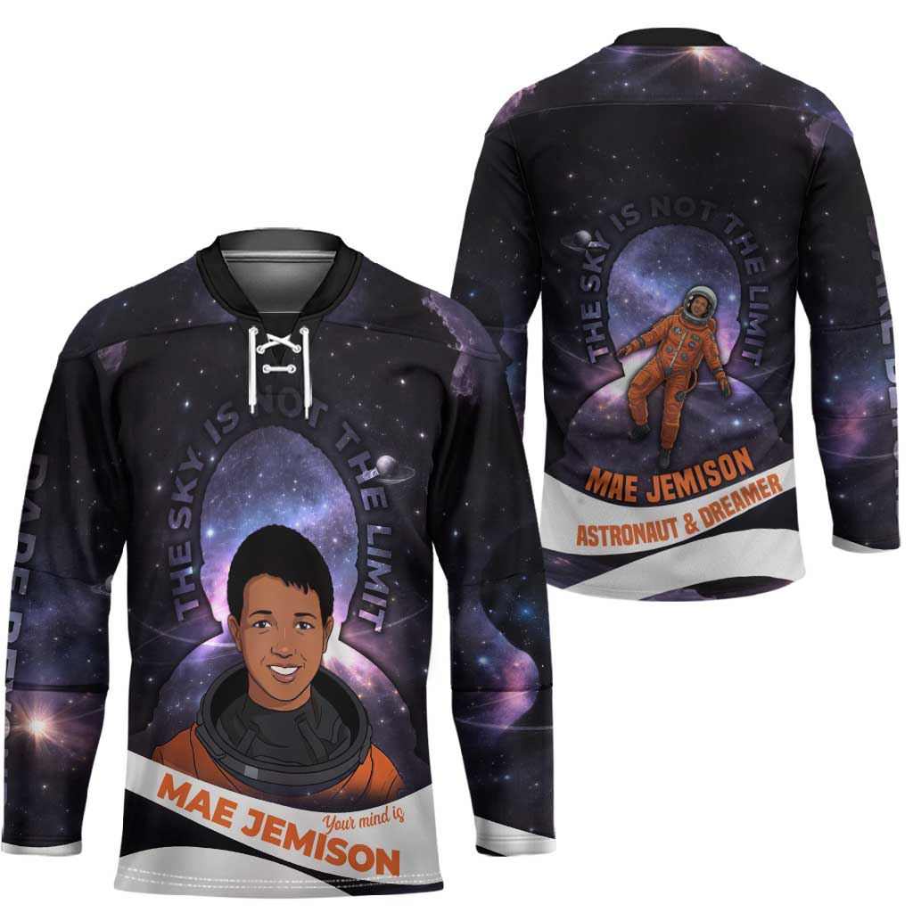 Mae Jemison Hockey Jersey Cartoon Astronaut Portrait, The Sky Is Not the Limit Quote and Galaxy Dreamer - Wonder Print Shop