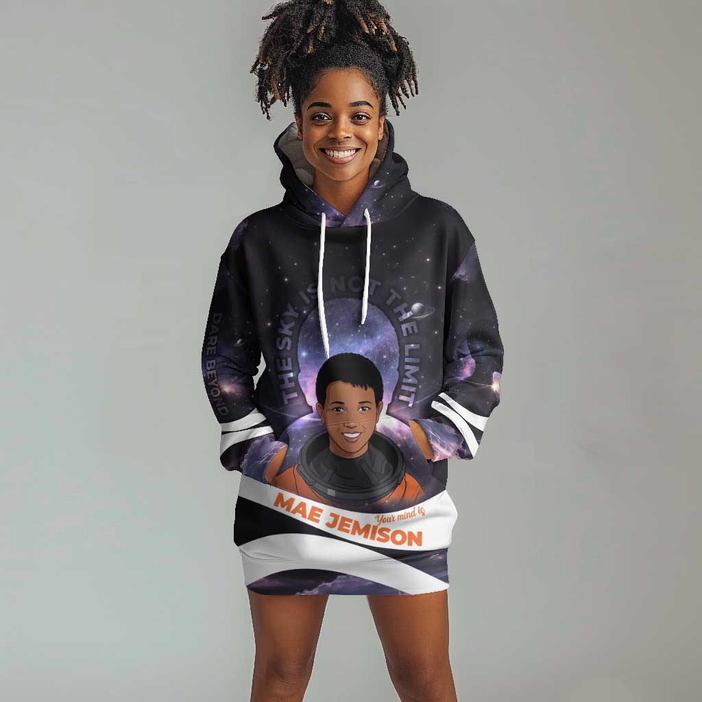 Mae Jemison Hoodie Dress Cartoon Astronaut Portrait, The Sky Is Not the Limit Quote and Galaxy Dreamer - Wonder Print Shop