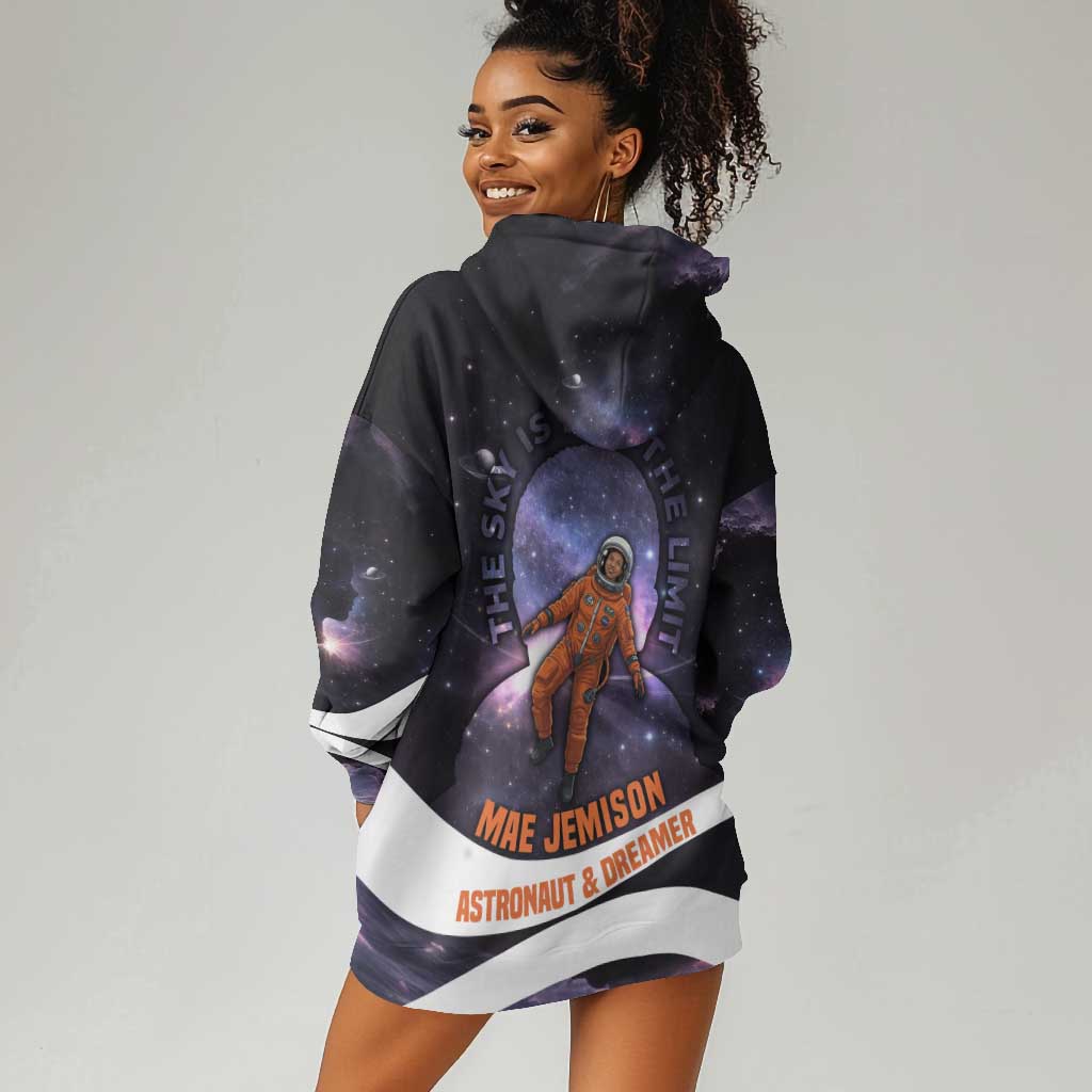 Mae Jemison Hoodie Dress Cartoon Astronaut Portrait, The Sky Is Not the Limit Quote and Galaxy Dreamer - Wonder Print Shop