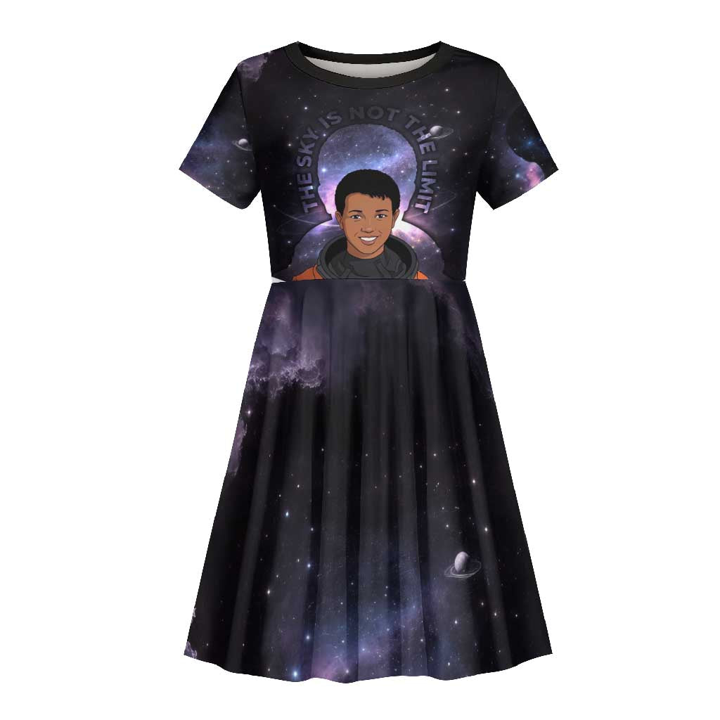 Mae Jemison Kid Short Sleeve Dress Cartoon Astronaut Portrait, The Sky Is Not the Limit Quote and Galaxy Dreamer - Wonder Print Shop