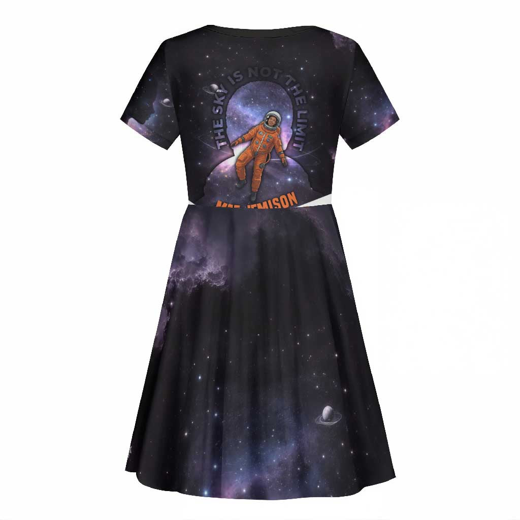 Mae Jemison Kid Short Sleeve Dress Cartoon Astronaut Portrait, The Sky Is Not the Limit Quote and Galaxy Dreamer - Wonder Print Shop