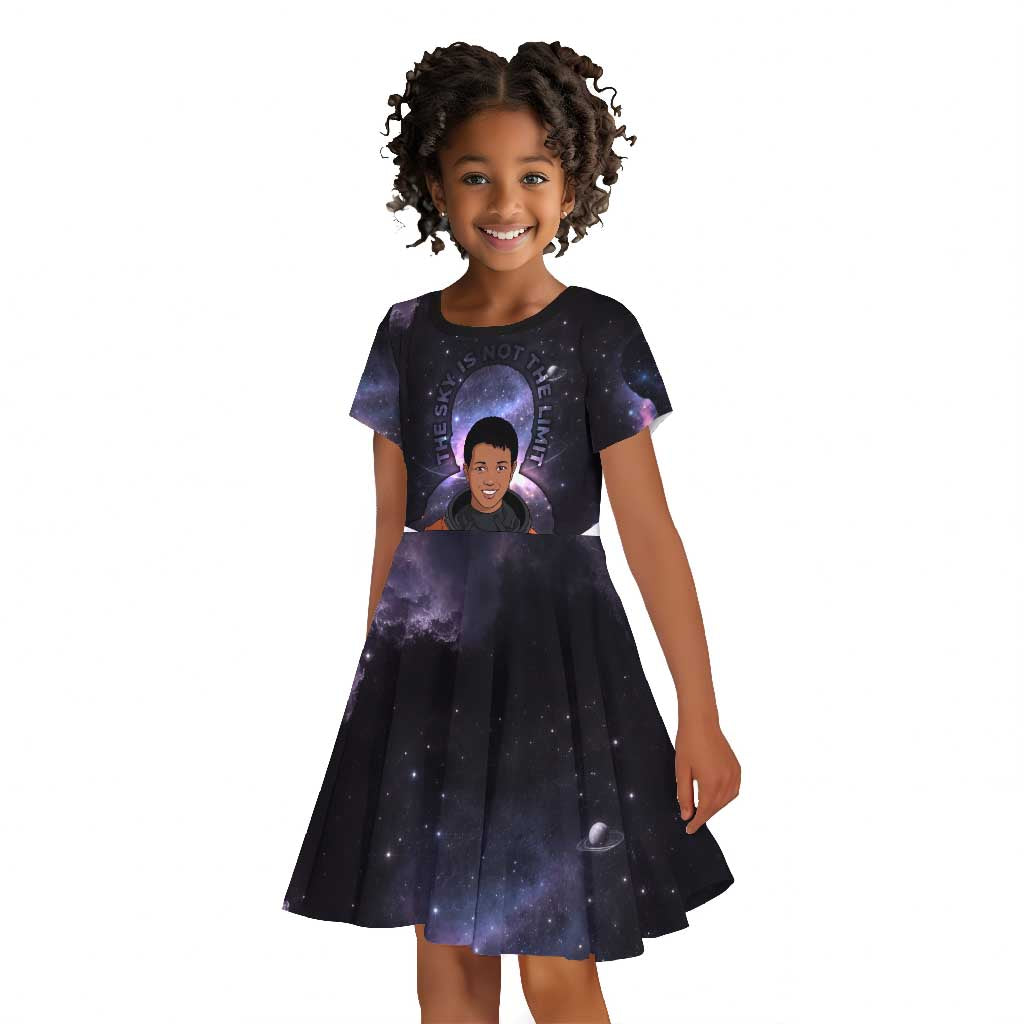 Mae Jemison Kid Short Sleeve Dress Cartoon Astronaut Portrait, The Sky Is Not the Limit Quote and Galaxy Dreamer - Wonder Print Shop