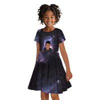 Mae Jemison Kid Short Sleeve Dress Cartoon Astronaut Portrait, The Sky Is Not the Limit Quote and Galaxy Dreamer - Wonder Print Shop