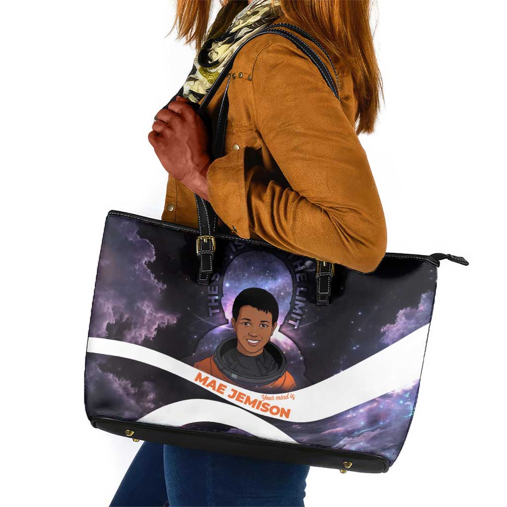 Mae Jemison Leather Tote Bag Cartoon Astronaut Portrait, The Sky Is Not the Limit Quote and Galaxy Dreamer - Wonder Print Shop