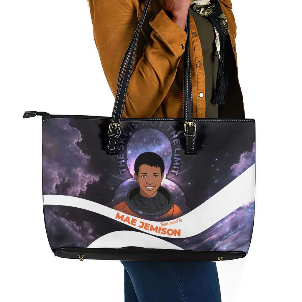 Mae Jemison Leather Tote Bag Cartoon Astronaut Portrait, The Sky Is Not the Limit Quote and Galaxy Dreamer - Wonder Print Shop