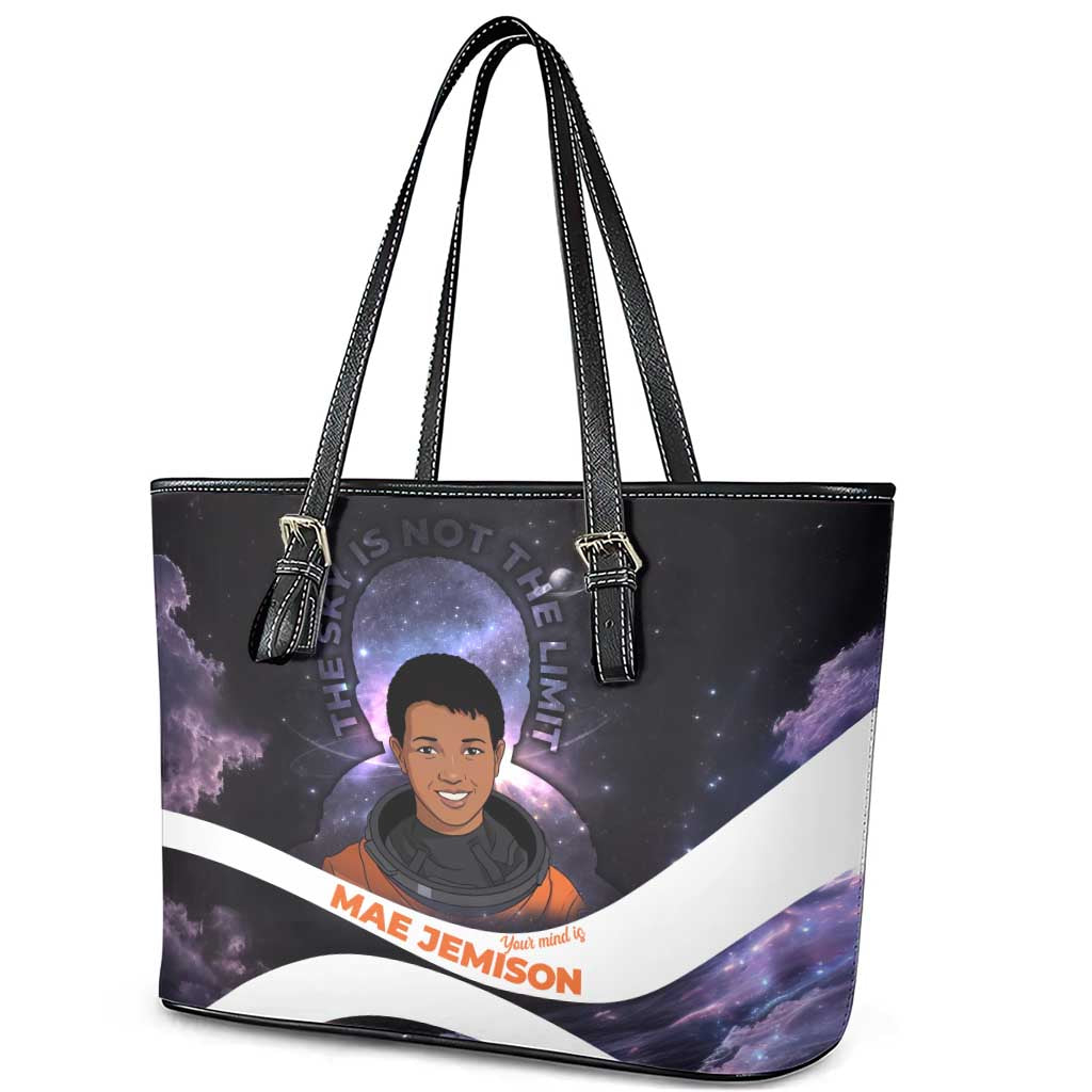 Mae Jemison Leather Tote Bag Cartoon Astronaut Portrait, The Sky Is Not the Limit Quote and Galaxy Dreamer - Wonder Print Shop