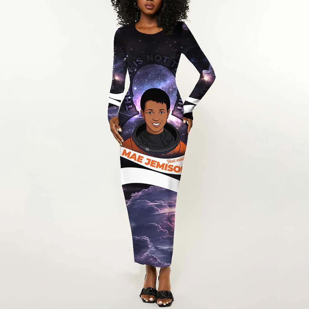 Mae Jemison Long Sleeve Bodycon Dress Cartoon Astronaut Portrait, The Sky Is Not the Limit Quote and Galaxy Dreamer - Wonder Print Shop